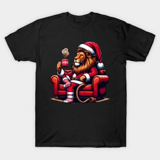 Lion Drinking Coffee Christmas T-Shirt